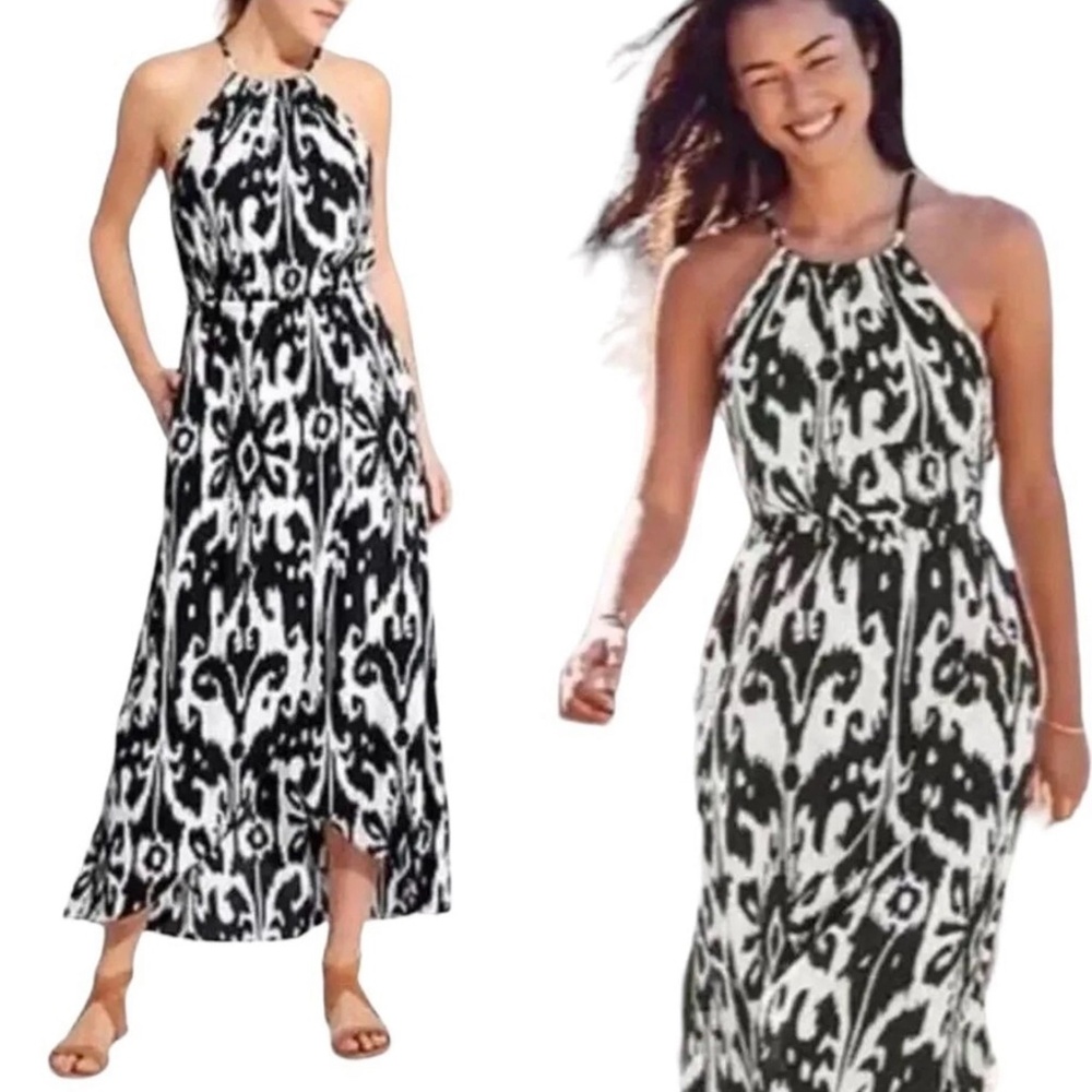 NWT Athleta Ikat Bloom Ripple Maxi Dress Black and White medium with pockets